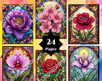 Color by number, Stained Glass,24 pages and colors, For adults, Printable,PNG & SVG, Digital,Instant Download, Paint by numbers