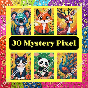 Könnte beinhalten: Eine Sammlung von sechs Pixel-Art-Tierillustrationen mit Koala, Fuchs, Hirsch, Katze, Panda und Pfau, angeordnet in zwei Reihen auf gelbem Hintergrund mit dem Text 30 Mystery Pixel in einem schwarzen horizontalen Banner.