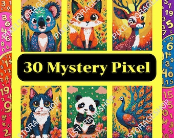 Color by number, Mystery Pixel, Square shape, 30 pages, 24 colors, Adults,Printable, A4,  PNG, PDF, Light & Dark, Digital, Instant Download