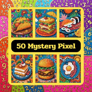 May include: A vibrant pixel art image showcasing six food items: a taco, a sandwich with a miniature parasol, sushi, a slice of cake, a burger, and a plate with a fried egg and bacon. The image has the text "50 Mystery Pixel" in the center.