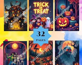 Coloring by number halloween, 32 pages,For adults, Printable, 8.5 x 11 Inches, PDF & PNG File, Digital, Instant Download, Paint by numbers