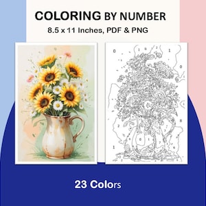 Flowers coloring page by number, 23 Colors, Printable, Digital Coloring, 8.5 x 11 Inches, PDF & PNG File, Paint by number