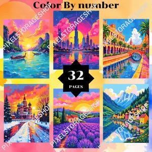 May include: A color by number book featuring 32 pages of vibrant, colorful illustrations. The cover displays six distinct scenes including a tropical bay, a city skyline at sunset, a canal, a cathedral in snow, a lavender field, and a mountain village.