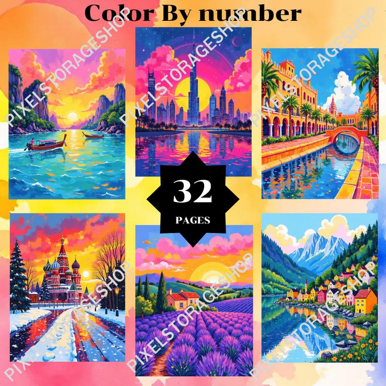 May include: A color by number book featuring 32 pages of vibrant, colorful illustrations. The cover displays six distinct scenes including a tropical bay, a city skyline at sunset, a canal, a cathedral in snow, a lavender field, and a mountain village.