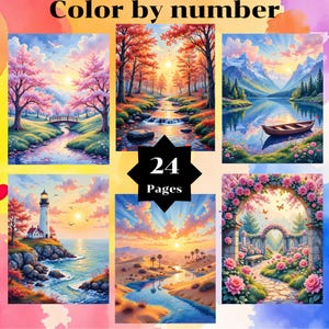May include: A collection of six landscape paintings with vibrant colors, including a river scene, a mountain lake with a boat, and a coastal view with a lighthouse. The text "Color by number" and "24 Pages" are visible.