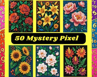 Color by number, Mystery Pixel, Square shape, 50 pages, 24 Colors, Adults, Printable, A4, PNG, PDF, Light & Dark, Digital, Instant Download