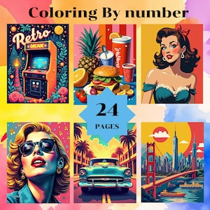 May include: A vibrant coloring book cover with the text "Coloring By number." The cover showcases six retro illustrations, including an arcade machine, a burger, a woman, a classic car, and a cityscape. The book contains 24 pages.
