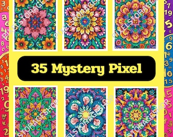 Color by number, Mystery Pixel, Square shape, 35 pages, 24 colors, Adults,Printable, A4, PNG, PDF, Light & Dark, Digital, Instant Download