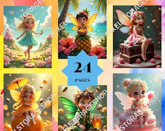 May include: A digital coloring book titled Coloring By number featuring 24 pages of fairy illustrations. The images depict various fairies with wings in settings like flower fields, tropical beaches, on a chocolate cake, an orange, a cookie, and a macaron.