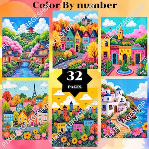 May include: A 32-page color by number book featuring six vibrant illustrations of diverse landscapes, including a Japanese pagoda, European-style townhouses, a desert scene, the Eiffel Tower, a city skyline, and a coastal Mediterranean village.