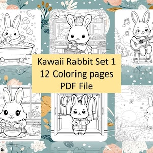 Kawaii Hase Malseiten für Erwachsene und Kinder, 12 Ausmalseiten, Printable, PDF Datei