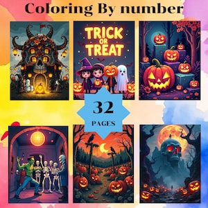 Puede incluir: Un libro para colorear con temática de Halloween con seis ilustraciones. La portada presenta el texto "Coloring By number" y una estrella azul con "32 PAGES". Las ilustraciones representan escenas espeluznantes con calabazas, fantasmas y esqueletos.