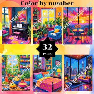 May include: A color by number book with 32 pages featuring six vibrant illustrations of interior and exterior scenes, including a piano room, a sunlit chair, a sunset balcony, a kitchen window, a bedroom, and a city skyline at night.