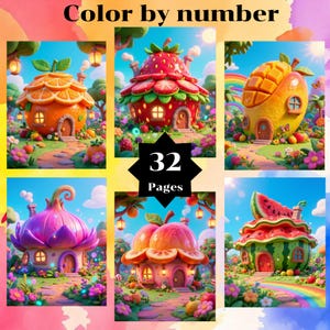 May include: A vibrant "Color by number" book cover showcasing six fantastical fruit-shaped houses. The houses are designed as an orange, strawberry, mango, onion, peach, and watermelon. The cover also includes the text "Color by number" and "32 Pages".