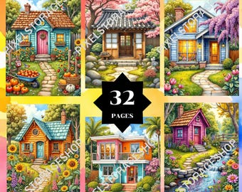 May include: A digital collection of 32 pages titled Color By number, featuring six distinct illustrations of houses in various settings, including gardens with sunflowers, cherry blossoms, pumpkins, and a small stream, all rendered in vibrant colors.