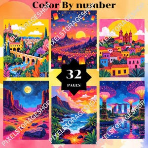 May include: A color by number book featuring 32 pages of vibrant, multi-colored illustrations. The cover displays six distinct scenes including a castle, floating lanterns, a town, a desert landscape, a tropical beach, and illuminated trees.