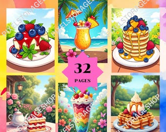 May include: A coloring book page set titled Coloring By number with 32 PAGES featuring six illustrations of food and drinks including cheesecake, a tropical cocktail, pancakes, a strawberry cake, a rainbow parfait, and waffles with syrup.