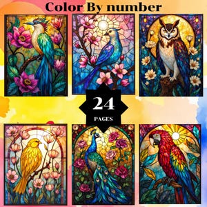 以下が含まれることがあります： 鳥と花のステンドグラス風の画像が6つ掲載された「Color By number」の本。オウム、フクロウ、クジャクなどの鳥の画像が含まれています。この本は24ページです。
