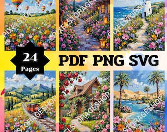 Color by number, 24 pages, 24 colors, For adults, Printable, A3, PDF, PNG, SVG File, Digital, Instant Download, Paint by numbers