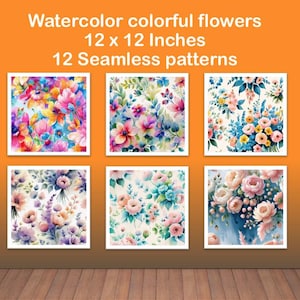 Seamless pattern of watercolor flowers, 12 patterns, Digital Papers, Background, Digital pattern, JPG File