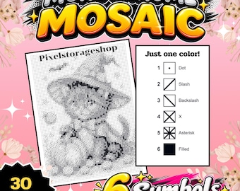 Monochrome Mosaic, Color by Number, 6 Symbols,  1 color, 30 pages, For adults , Printable, A4, PDF,PNG, Digital, Instant Download, Halloween