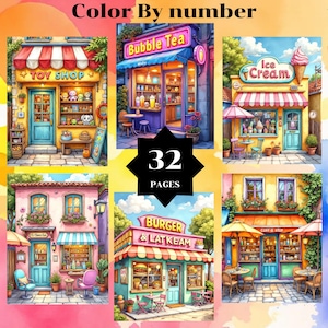 Puede incluir: Ilustración de acuarela de la portada de un libro de "Colorear por números". La portada presenta seis coloridas fachadas de tiendas, incluyendo una juguetería, una tienda de té de burbujas, una heladería y un restaurante de hamburguesas. El texto "32 PAGES" se muestra.