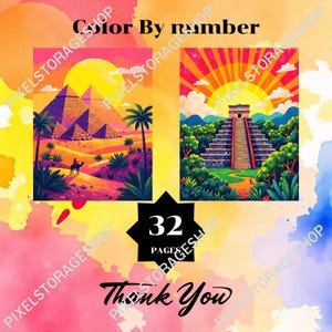 May include: A digital color by number book featuring 32 pages of illustrations. The cover displays two scenes: one with Egyptian pyramids and a camel at sunset, and another with a Mayan temple surrounded by lush greenery under a bright sun.