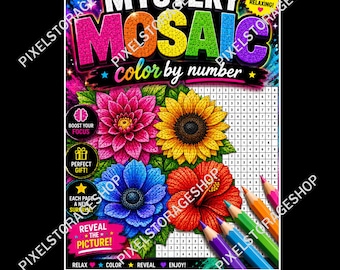 Color by number, Mystery Pixel, Square shape, Flowers, 100 pages, 24 colors, Adults, Printable, A4, PDF, Digital, Instant Download