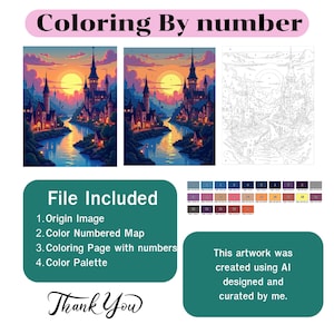May include: A digital coloring by number set featuring a fantasy castle landscape at sunset. The set includes a finished color image, a numbered line art page, and a color palette with twenty-four numbered swatches. Text includes Coloring By number, File Included, and Thank You.