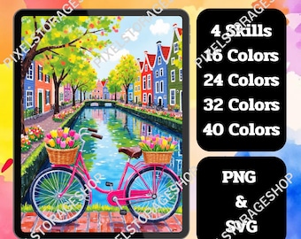 Könnte beinhalten: Eine digitale Malen-nach-Zahlen-Illustration auf einem Tablet-Bildschirm mit einem rosa Fahrrad mit Blumenkörben an einem Kanal in einer europäischen Stadt. Text: Color by number, 4 Skills, 16, 24, 32, 40 Colors, PNG & SVG.