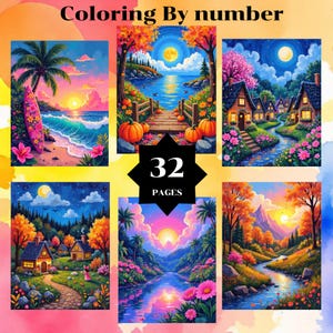 Coloring by number, Landscape 32 pages, 32 Colors, For adults, Printable, 8.5 x 11 In,  PNG & SVG File, Instant Download, Paint by numbers