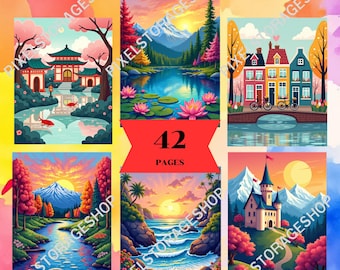 May include: A digital collection of 42 coloring by number pages featuring diverse landscapes including a Japanese temple, mountain lakes with lotus flowers, European townhouses, a river valley, a tropical beach, and a castle with snow-capped mountains.