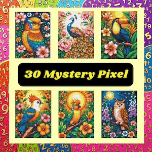 May include: A collection of six pixel art images featuring colorful birds, flowers, and foliage. The images include a toucan, owl, peacock, and other birds. The text "30 Mystery Pixel" is displayed in a black rectangle.