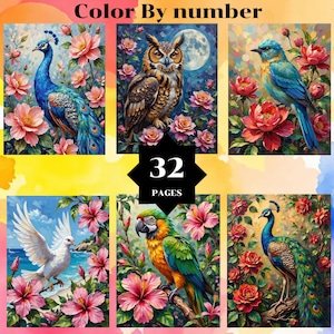 Könnte beinhalten: Ein Cover für ein "Malen nach Zahlen"-Buch mit sechs farbenfrohen Illustrationen von Vögeln und Blumen. Die Bilder zeigen einen Pfau, eine Eule und einen Papagei, mit dem Text "32 PAGES".