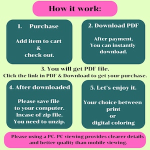 May include: An instructional graphic on a light green background with a pink header reading How it work. It outlines five steps for digital downloads: purchase, download PDF, get PDF file, save file, and enjoy. It advises using a PC for better quality.