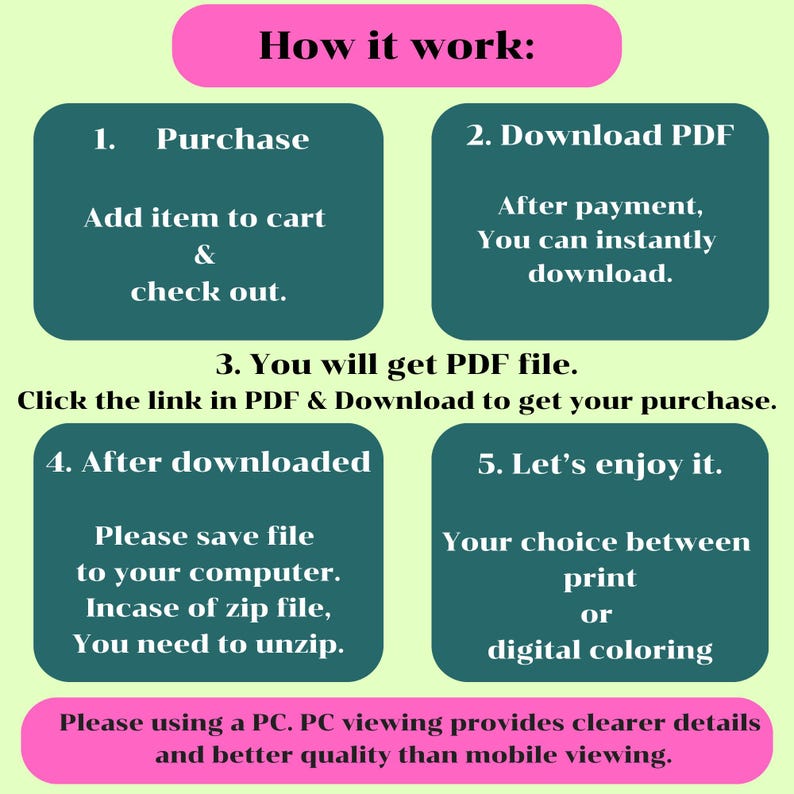 May include: An instructional graphic on a light green background with a pink header reading How it work. It outlines five steps for digital downloads: purchase, download PDF, get PDF file, save file, and enjoy. It advises using a PC for better quality.