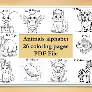 Animal Alphabet Coloring Pages, 26 Coloring pages, Printable, PDF File
