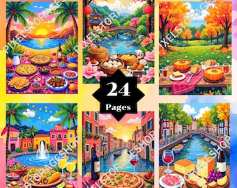 May include: A collection of 24 color by number pages featuring vibrant illustrations of diverse landscapes, including tropical beaches, serene gardens, European canals, and outdoor dining scenes with food and wine, all presented in a grid layout.