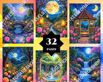 May include: A coloring book titled Coloring By number with 32 pages featuring six illustrations of night landscapes with moons, glowing lanterns, stone bridges, gazebos, waterfalls, and vibrant pink and orange rose gardens in a fantasy style.