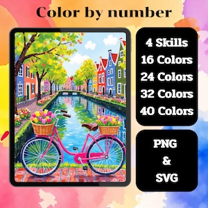May include: A digital colour-by-number image on a tablet, featuring a pink bicycle with flower baskets, a canal, and colourful buildings. The image includes text: "Color by number", "4 Skills", "16 Colors", "24 Colors", "32 Colors", "40 Colors", "PNG & SVG".