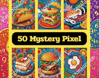Color by number, Mystery Pixel, Square shape, 50 pages, 24 Colors, Adults, Printable, A4, PNG, PDF, Light & Dark, Digital, Instant Download