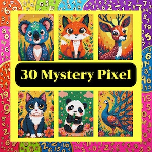 Kleuren op nummer, mystery pixel, vierkante vorm, 30 pagina's, 24 kleuren, volwassenen, afdrukbaar, A4, png, pdf, licht en donker, digitaal, direct downloaden