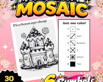 Monochrome Mosaic, Color by Number, 6 Symbols,  1 color, 30 pages,  Adults, Printable, A4, PDF, PNG, Digital, Instant Download, Sweet House