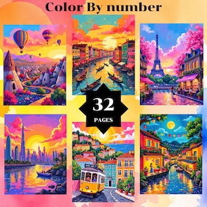 May include: A collection of six colorful "Color By Number" art pages. The images depict various scenes, including hot air balloons, canals, the Eiffel Tower, and cityscapes. The text "Color By number" and "32 PAGES" are displayed.