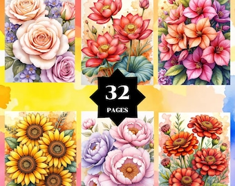 Coloring by number, Flowers 32 pages, 32 Colors,For adults, Printable, 8.5 x 11 In, PNG & SVG, Digital, Instant  Download, Paint by numbers
