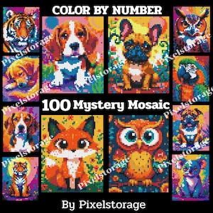 Może przedstawiać: Kolekcja portretów zwierząt w stylu pixel art zatytułowana COLOR BY NUMBER 100 Mystery Mosaic By Pixelstorage. Siatka zawiera kolorowe ilustracje mozaikowe przedstawiające tygrysa, beagle'a, buldoga francuskiego, sowę, papugę, lisa i koalę.