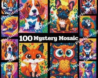 Color by number, Mystery Pixel, Square shape, Animals 100 pages, 24 colors, Adults, Printable, A4, PDF, Digital, Instant Download