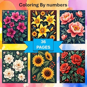 Coloring by number, Flowers 36 pages, Coloring pages for adults, Printable, 8.5 x 11 In, PDF, Digital, Instant  Download, Paint by numbers