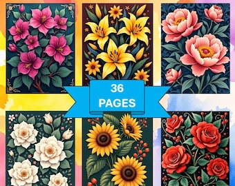 Coloring by number, Flowers 36 pages, Coloring pages for adults, Printable, 8.5 x 11 In, PDF, Digital, Instant  Download, Paint by numbers