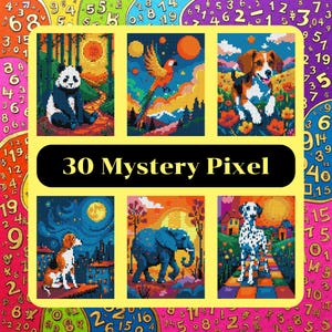 May include: A vibrant pixel art puzzle with six animal scenes: a panda, parrot, beagle, dog, elephant, and Dalmatian. The text "30 Mystery Pixel" is displayed in the centre. The background is a bright mix of colours.